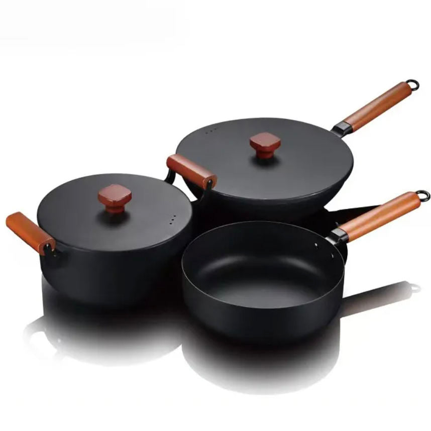 3-Piece Cast Iron Cookware Set - Wood Handle, Non-Stick Frying Pans