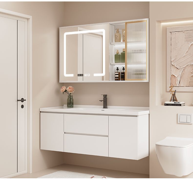 34-Inch Glossy White Bathroom Vanity - Custom Wall-Mounted with Mirror Cabinet