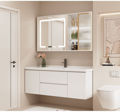 34-Inch Glossy White Bathroom Vanity - Custom Wall-Mounted with Mirror Cabinet