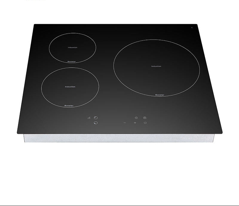 Black induction cooktop with four heating elements on a white background