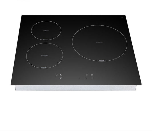 Black induction cooktop with four heating elements on a white background