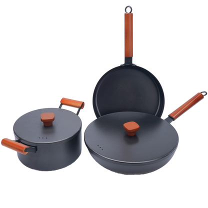 3-Piece Cast Iron Cookware Set - Wood Handle, Non-Stick Frying Pans
