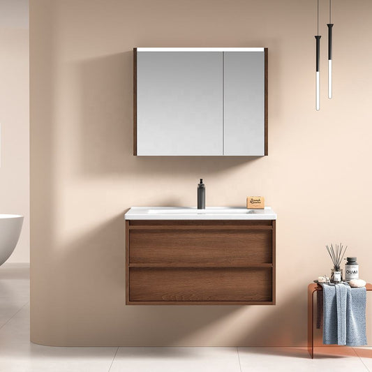 Ceramic Bathroom Vanity Set - Waterproof Wood Cabinet with LED Mirror & Storage