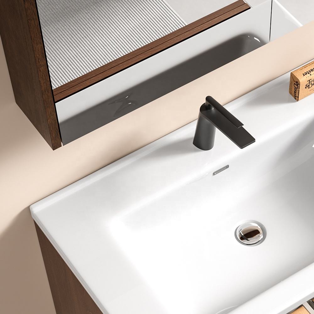 Ceramic Bathroom Vanity Set - Waterproof Wood Cabinet with LED Mirror & Storage