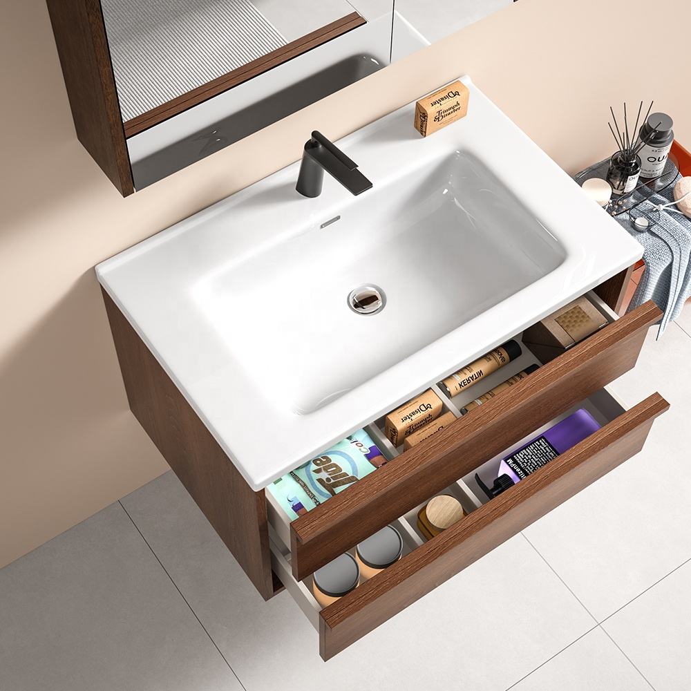 Ceramic Bathroom Vanity Set - Waterproof Wood Cabinet with LED Mirror & Storage