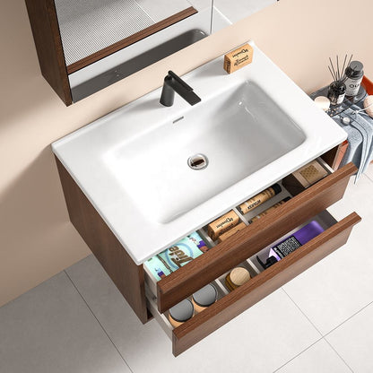 Ceramic Bathroom Vanity Set - Waterproof Wood Cabinet with LED Mirror & Storage