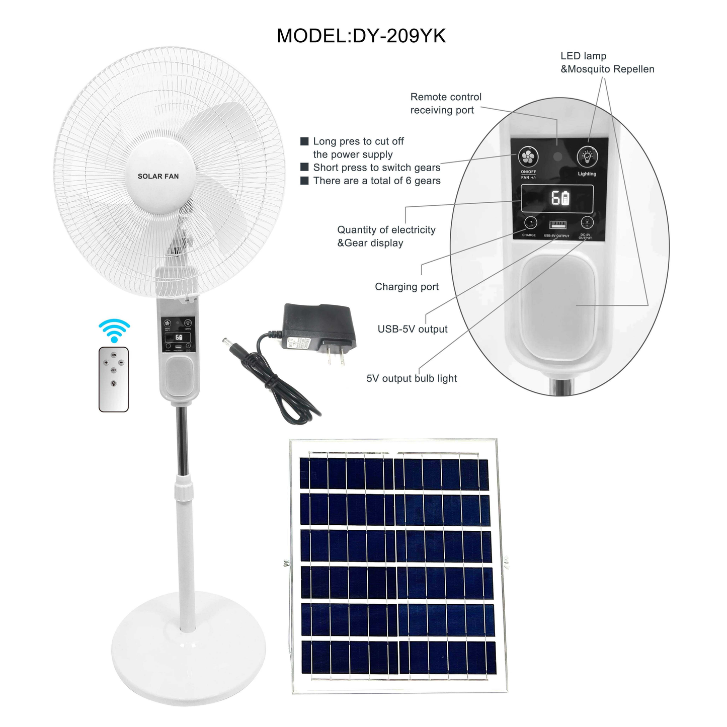 16/18-Inch Solar Stand Fan - 5 Blades, AC/DC 12V, with Panel & Battery