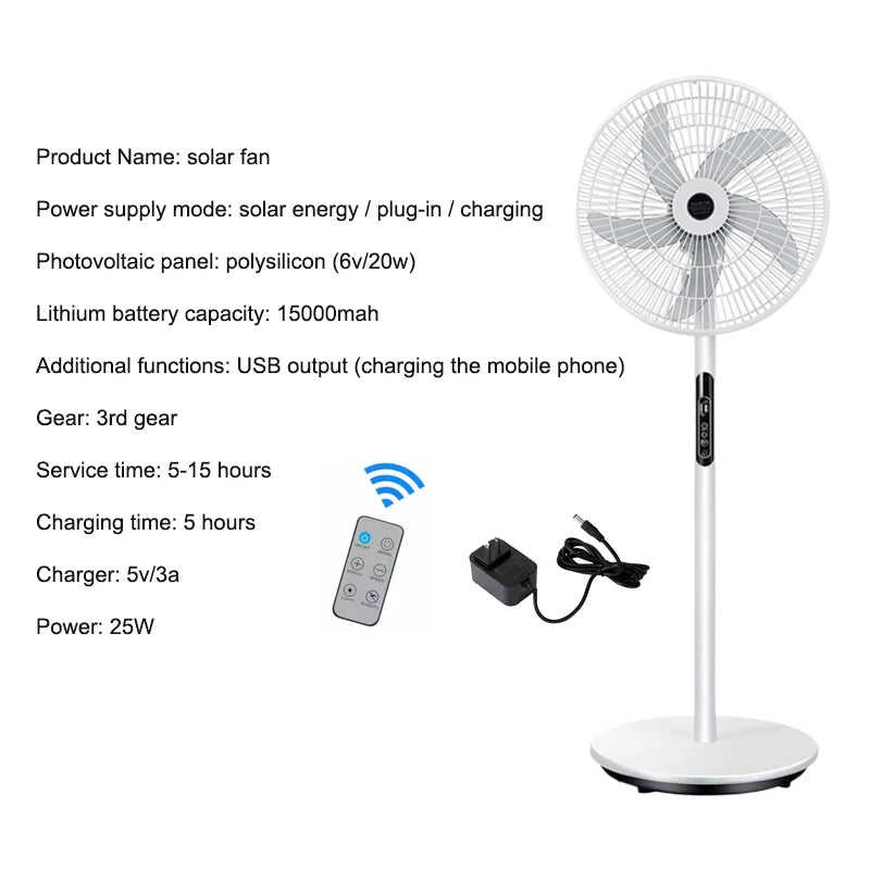 16/18-Inch Solar Stand Fan - 5 Blades, AC/DC 12V, with Panel & Battery