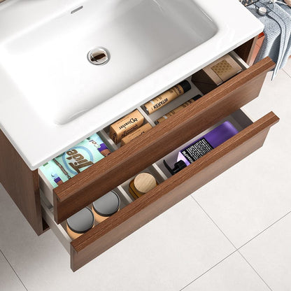 Ceramic Bathroom Vanity Set - Waterproof Wood Cabinet with LED Mirror & Storage